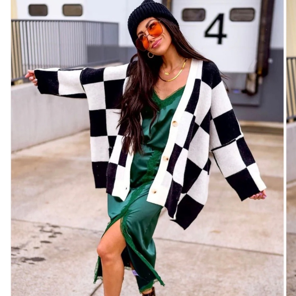 Dressed in LALA Black and White Checkered Cardigan